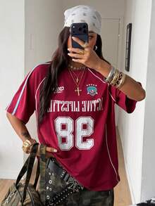 Coolane 女士街头风 Y2K 酷炫活动字母印花撞色短袖黑色 T 恤 - 酒紅色 - 查看 5