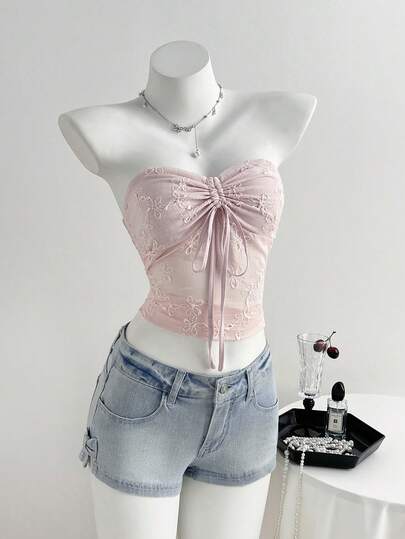 Elamini 时尚低腰开衩蝴蝶结水洗迷你牛仔短裤