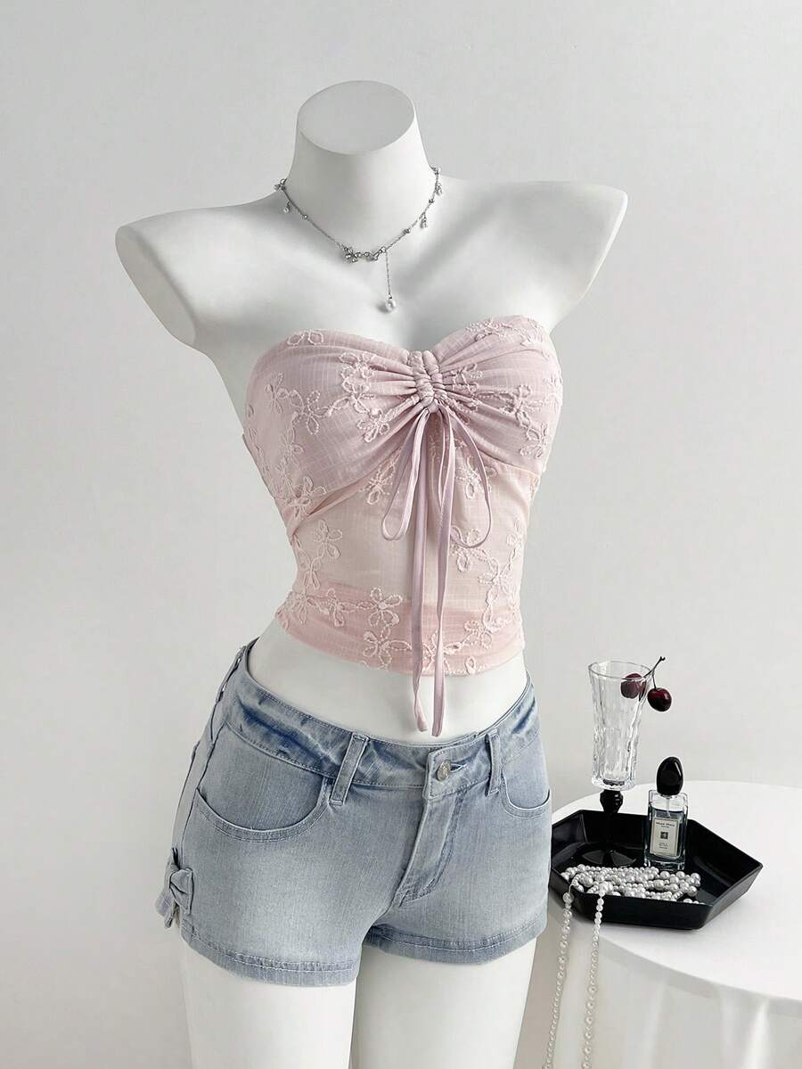 Elamini Fashionable Low-Waist Slit Bow Tie Washed Mini Denim Shorts - Light Wash - View 1