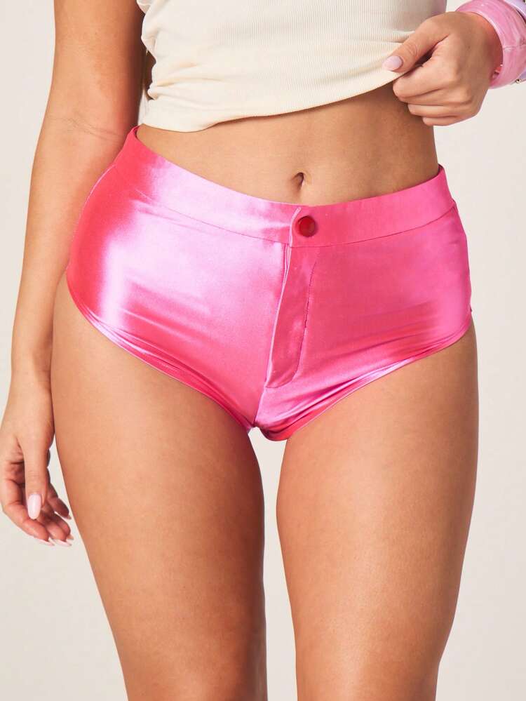 MISSGUIDED Women High Rise Metallic Hot Pink Satin Hot Pants Shorts With Button Closure For Summer Festival Party Clubwear