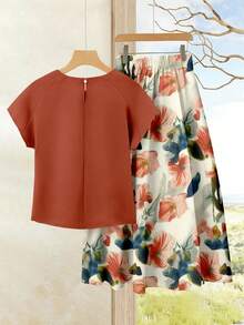 Rusticease 女士度假休闲纯色上衣+印花半裙两件套，女士夏季套装，夏季半裙套装，半裙上衣套装，女士半裙上衣套装，印花半裙套装 - 彩色 - 查看 2
