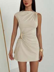 Aloruh Metal Decor Ruched Mini Skirt,Summer Dresses For Women - Apricot - View 8