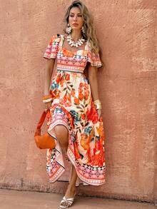 Selianne 女士优雅休闲舒适复古浪漫度假沙滩热带数码印花荷叶边A字连衣裙（随机印花），春夏款 - 亮橙色 - 查看 4