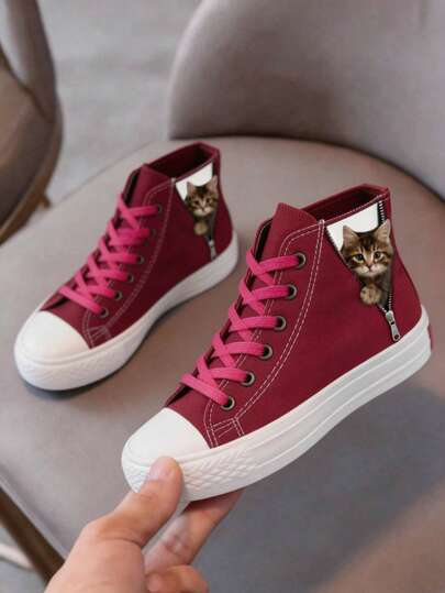 zapatillas de lona para niños y niñas lona color básico con cordones brillosos altos confort 100% lona excelente calidad dibujo de gatito tierno liso 13 al 21 mx colores básicos liga negro blanco rojo