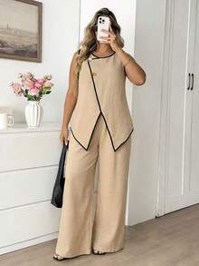 Vionelle Conjunto de 2 piezas para mujer talla grande con chaleco de un solo pecho con borde y pantalones de pierna ancha, casual elegante, conjunto coordinado de clase para mujer, brunch, oficina, rayas blancas y negras, verano - Albaricoque - Ver 5