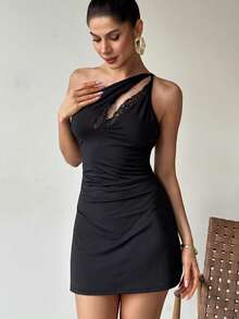 Firerie Women's Elegant Vacation Music Festival Party Dress, Black Knit One Shoulder Hollow Lace Patchwork Waist A-Line Mini Dress, Vacation Dress, Back To School, Date, Beach - Black - View 1