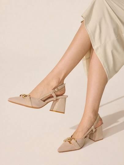 CUCCOO BASICS Tacones altos de moda versátiles para uso diario con diseño de hebilla y decoración de cadena metálica para mujeres