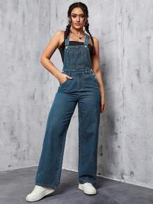 SHEIN ICON Casual Versatile Straight Leg Denim Bib Overall Jumpsuit Back-To-School Student Navy Blue Summer - Dark Wash - View 3