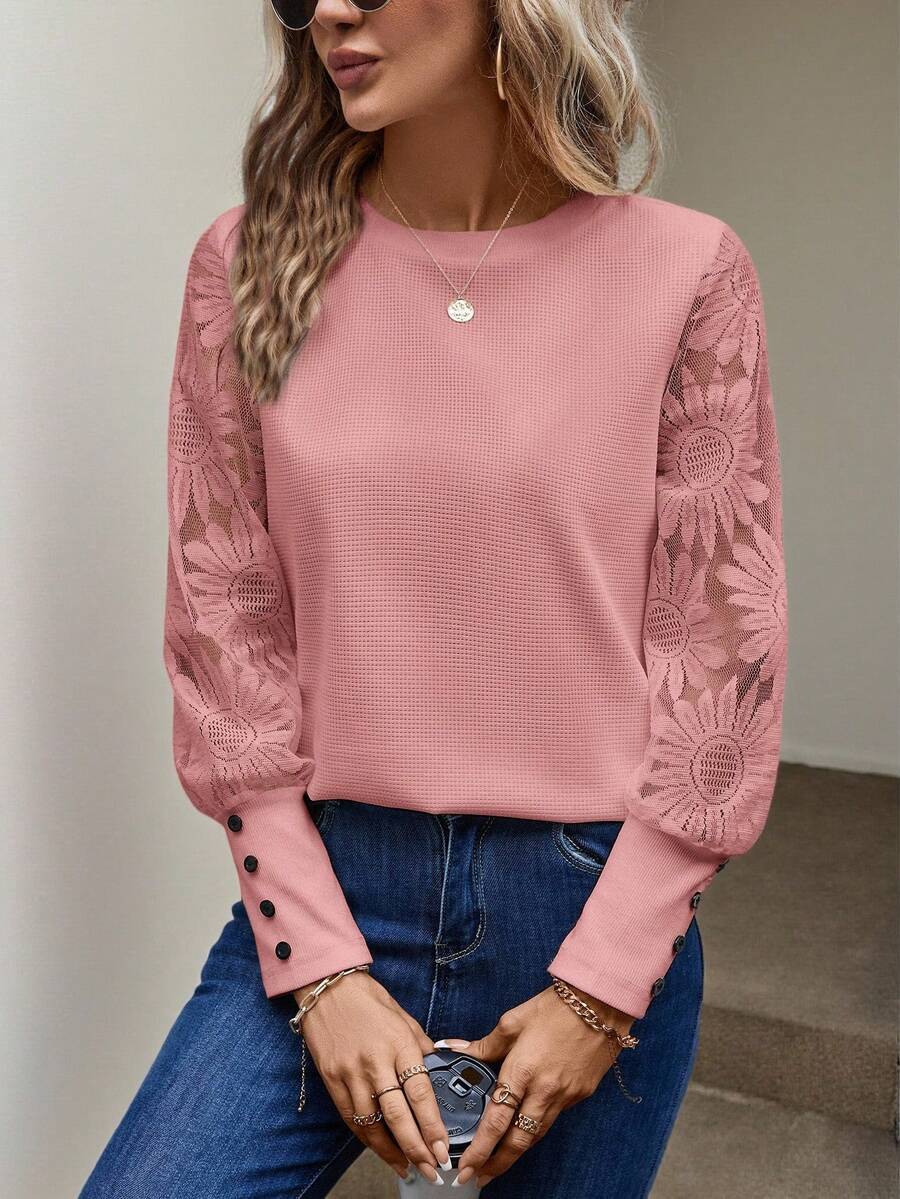 Easowa Pink Lace Sleeves Patchwork Waffle Floral Print Women Blouse - Pink - View 1