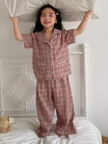 DAZY Bộ đồ ngủ mùa hè cho bé gái, áo tay ngắn và quần kẻ caro. - Hồng - Xem 8