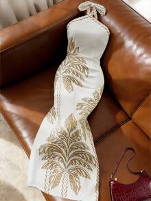 Franclia 女士撞色印花休闲无袖连衣裙 - 白色 - 查看 3