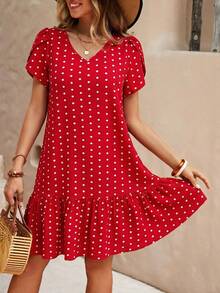 SHEIN Clasi Đầm nữ kiểu dáng thường ngày, họa tiết chấm bi, xếp ly, cổ chữ V, tay loe. - Đỏ và trắng - Xem 5