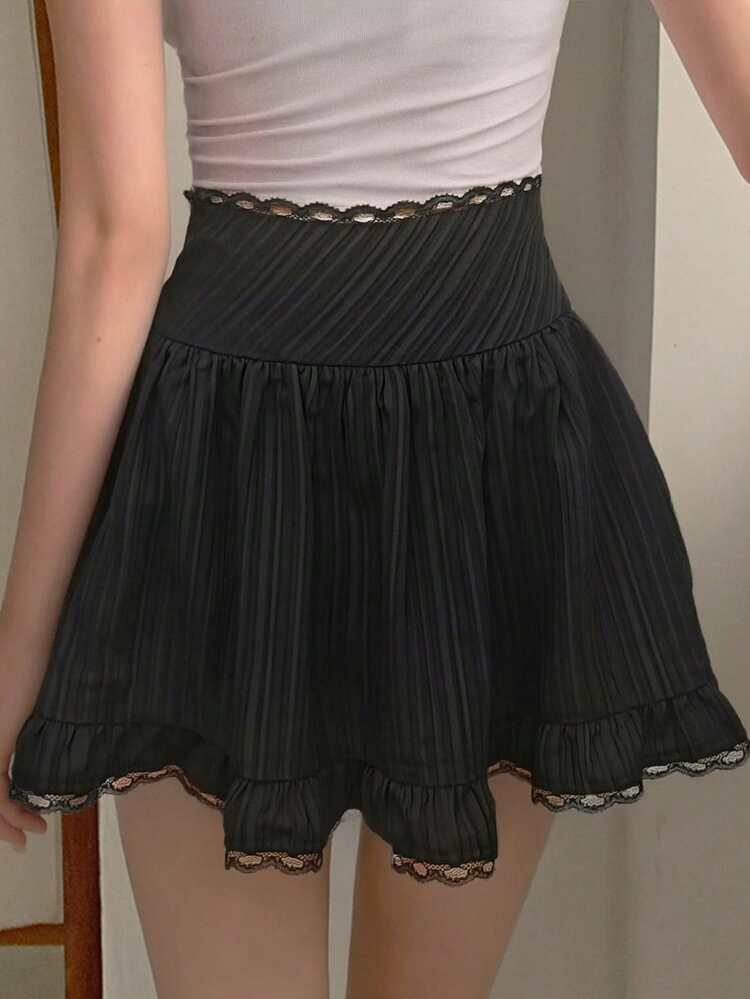 Women's Casual Solid Color Lace Trim Skirt, Summer