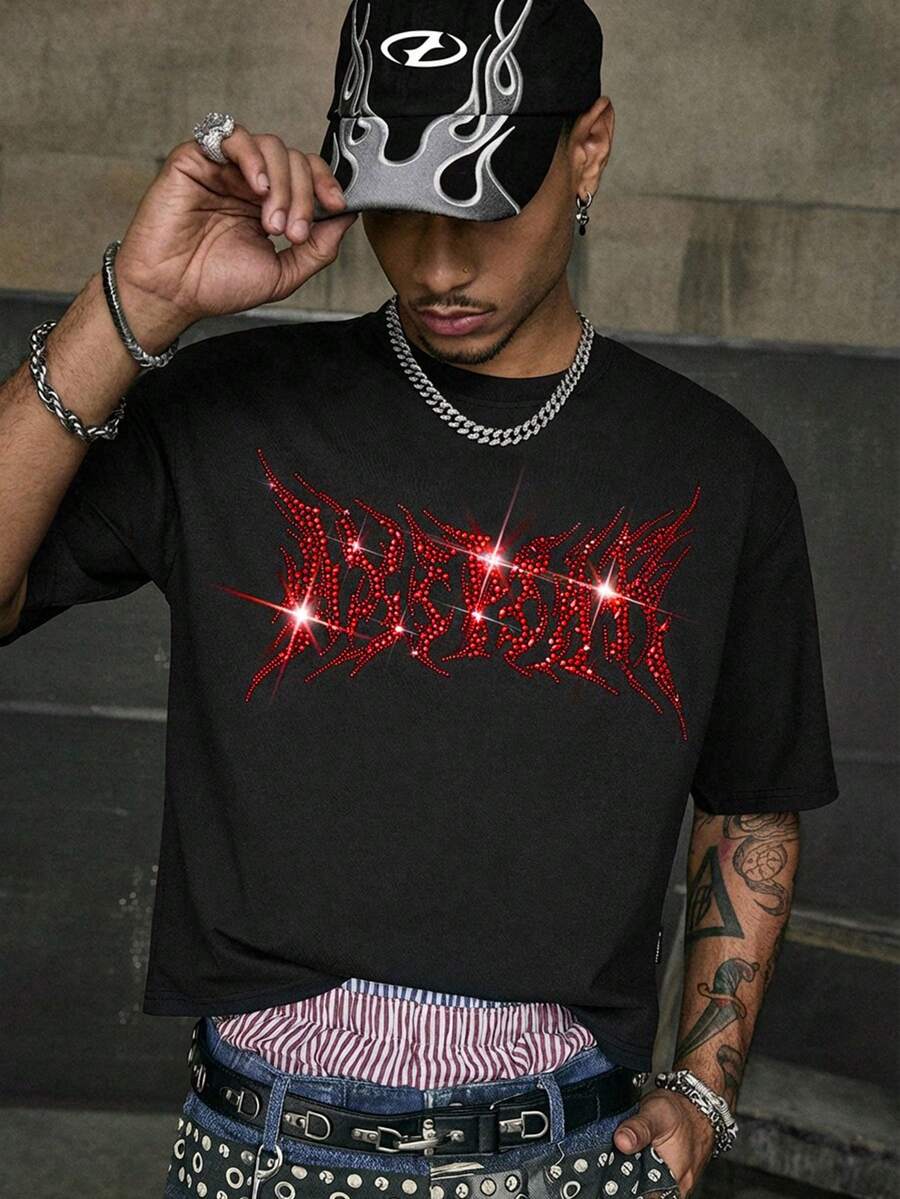 AXEPEAK 男士圆领字母图案休闲百搭日常短袖T恤 - 黑色 - 查看 1