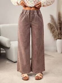 SHEIN Tall Jeans de pierna ancha de uso diario versátil y casual con cintura elástica para mujer - Marrón - Ver 4