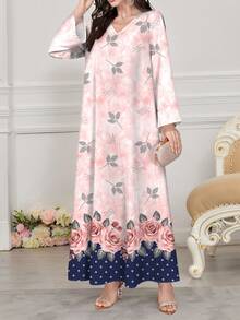 SHEIN Najma 玫瑰花卉波点印花V领长袖连衣裙，优雅阿拉伯风格服装，春夏款 - 彩色 - 查看 4