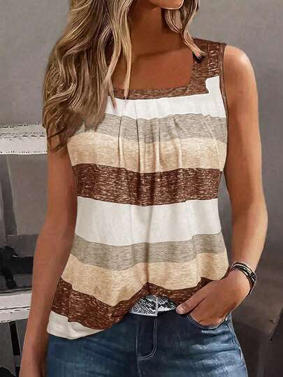 EMERY ROSE Plus Size Women Colorblock Graphic Tee, Striped Tank Top Shirt