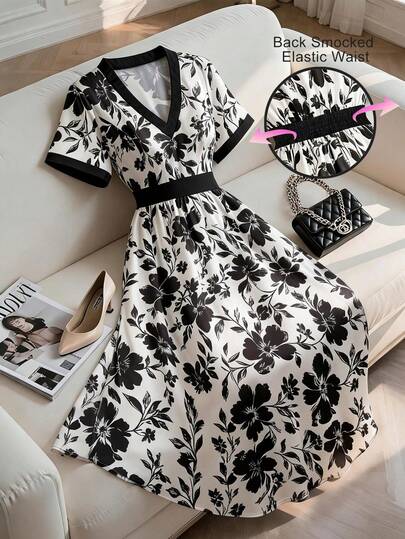 GlowEve CURVE 大码女式时尚休闲X型V领短袖黑色卡其印花优雅休闲连衣裙，春夏款