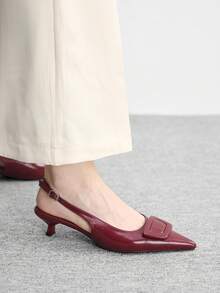 CUCCOO BIZCHIC 女士新款尖头酒红色亮面油皮后带细跟闭趾通勤气质时尚高跟凉鞋 - 酒紅色 - 查看 6