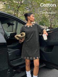 Muchica 女士休闲黑色镂空宽松落肩连衣裙 - 黑色 - 查看 3