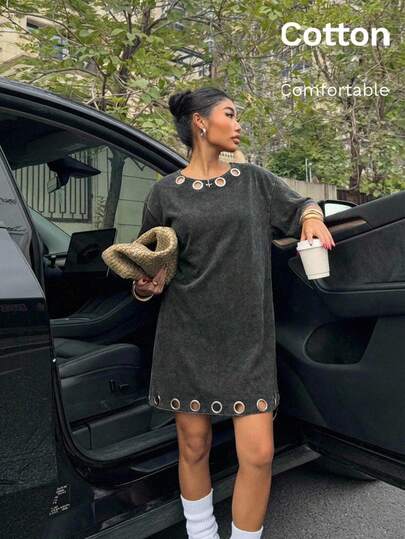 Muchica Vestido casual de mujer negro con ojales y hombros caídos de corte holgado