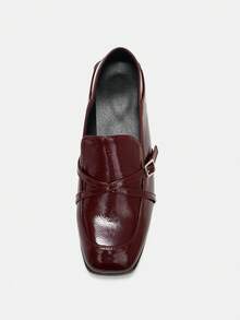 Bholvia Women's Metal Bit Decor Square Toe Block Heel, Retro, Patent Leather, Burgundy Loafers, Office Spring Shoes Summer Shoes - Burgundy - View 12