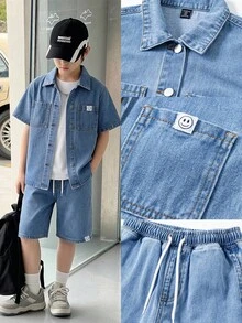 Conjunto informal de mezclilla para niños preadolescentes, nuevo conjunto de mezclilla lavada de color azul claro, minimalista y versátil para el verano - Azul - Ver 1