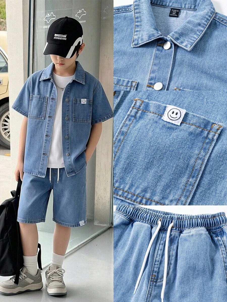 Conjunto informal de mezclilla para niños preadolescentes, nuevo conjunto de mezclilla lavada de color azul claro, minimalista y versátil para el verano - Azul - Ver 1