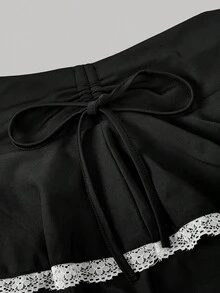 SHEIN MOD Black Drawstring Ruched Waist Tiered Cake Skirt With White Lace Trim , Date, Party, Women's Summer And Spring Wear, Spring Break, Vacation, Picnic, Festival, Birthday - Black - View 3