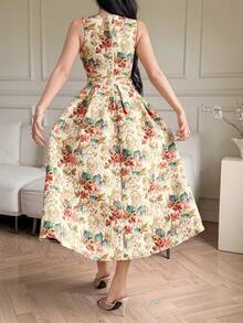 DAZY 女士优雅印花无袖连衣裙，方领设计，夏季 - 杏色 - 查看 2