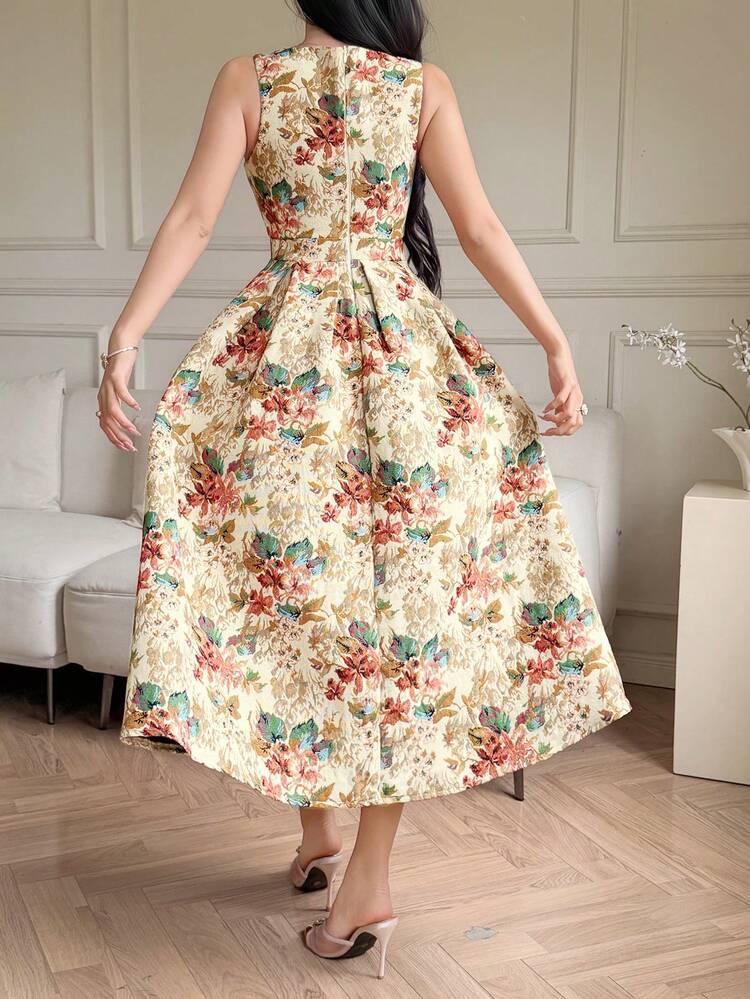 Women's Elegant Floral Print Sleeveless Dress With Square Neckline, Summer Maxi Dress Sundress