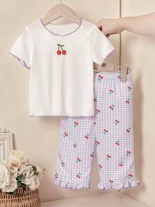 Souflis Souflis 2pcs Baby Girl Newborn 0-3Y Summer Cute Family Matching Cherry Embroidery Short Sleeve T-Shirt And Red And White Plaid Pants Set Summer Outfits - Multicolor - View 4
