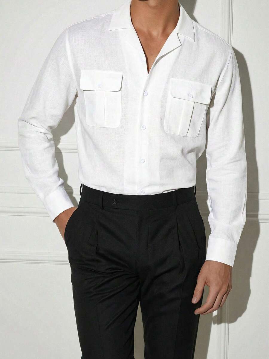 Manfinity Homme Men's Business Casual Linen Blend Double Pocket Western Collar Long Sleeve Shirt, Formal - White - View 1