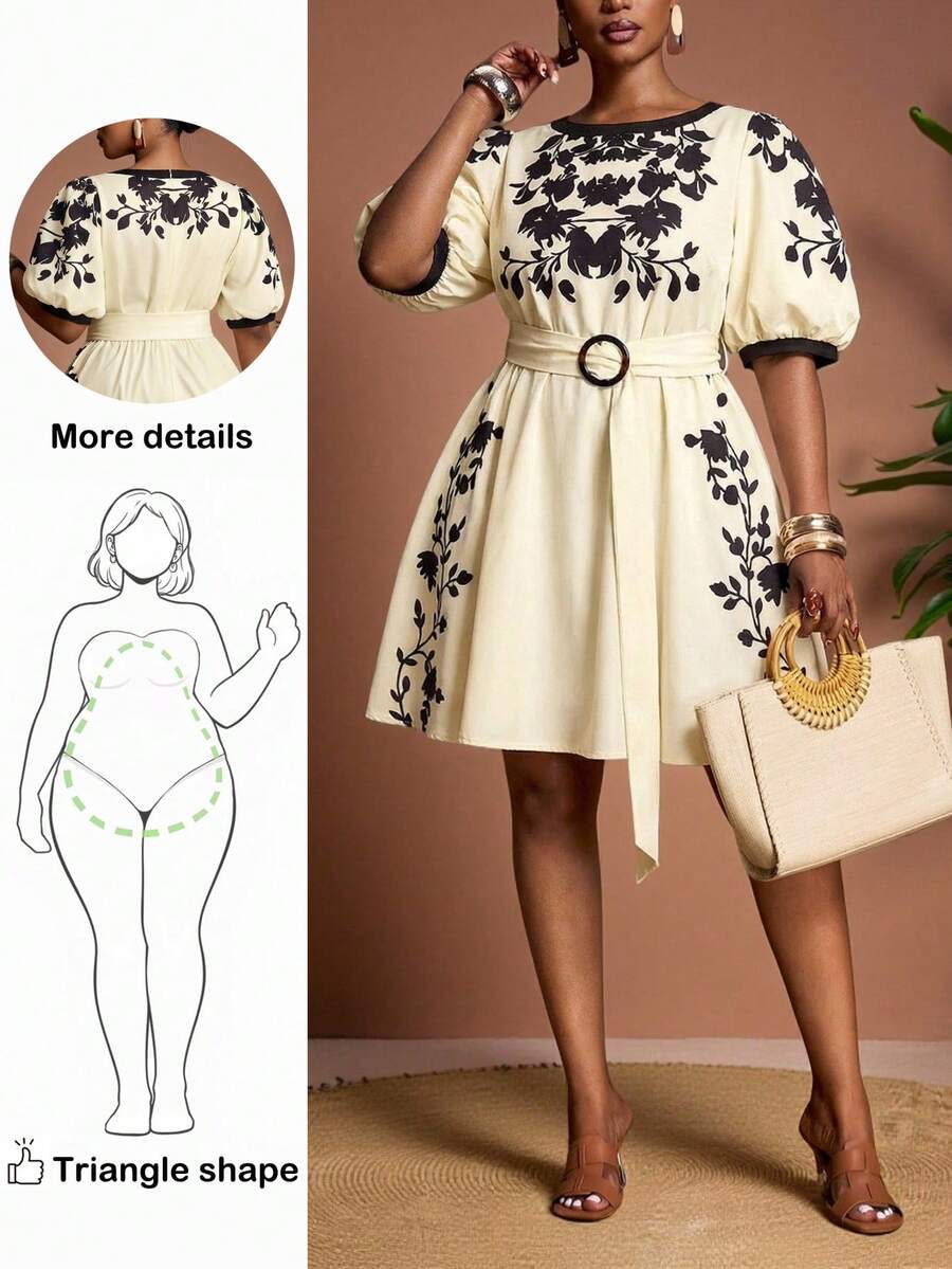 Truni Plus Size Women's Elegant White Summer Floral Print Short Puff Sleeve A-Line Mini Dress,Bachelorette Party Tea Party Outfit For Commuting & Events
