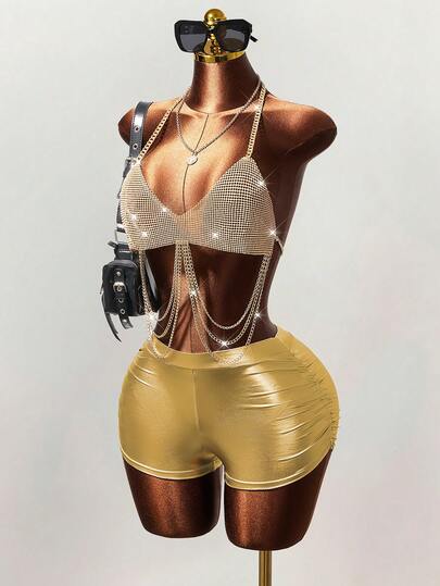 Mistrie Débardeur sexy à col ras-du-cou décoré de chaînes, doré brillant, pour festival de musique