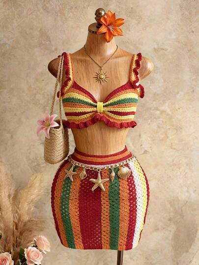 SHEIN BamGlam Women's Knit Vest And Skirt Set, Colorful Spaghetti Strap Tank Top With Frill Trim, Striped Mini Skirt, Tropical Vacation Casual Retro Sexy Knit Two Pieces Outfit