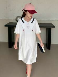 DAZY Vestido casual de estilo colegial con cuello puntiagudo, manga corta, estampado de lazos y contraste de colores para niña preadolescente en verano - Blanco - Ver 9