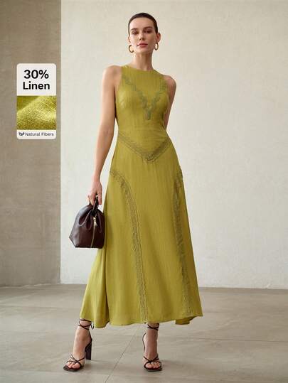 MOTF PREMIUM 2026 SUMMER NEW ARRIVAL FRENCH ELEGANT LINEN FLORAL PRINT SLEEVELESS A-LINE MIDI DRESS FOR WOMEN