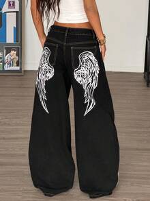 Muchica Women's Black Jeans, Low-Rise Wide-Leg Pants, Angel Wing Pattern On The Back, Y2K Style, Music Festival Outfit, Summer Pants. - Black - View 3
