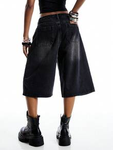LYSMO Quần short denim ống rộng, túi xéo, phong cách thường ngày, thời trang mùa hè dành cho nữ. - màu đen - Xem 2