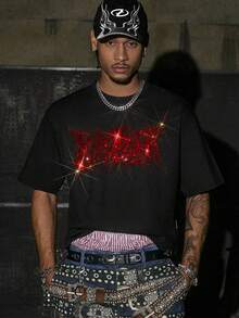 AXEPEAK 男士圆领字母图案休闲百搭日常短袖T恤 - 黑色 - 查看 5