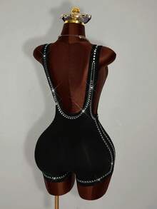 Amplova Sexy Low-Cut Rhinestone Cutout Jumpsuit, Tight-Fitting Shiny Sequin Jumpsuit - Black - View 2