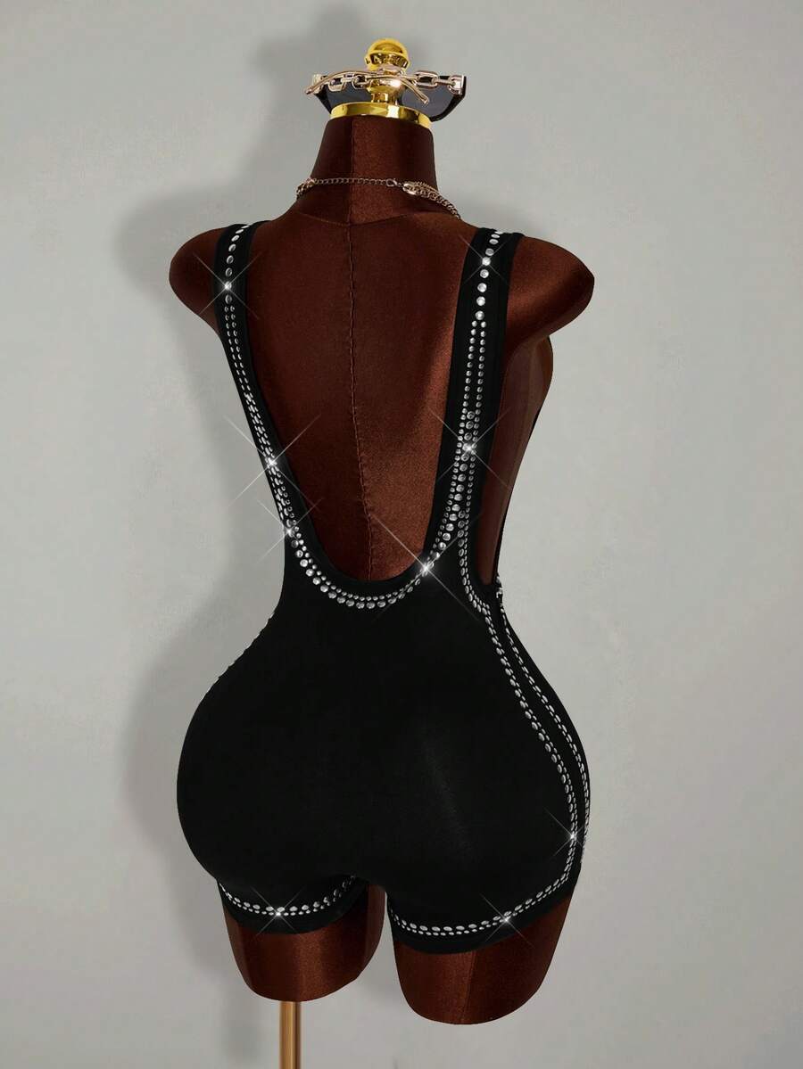 Amplova Sexy Low-Cut Rhinestone Cutout Jumpsuit, Tight-Fitting Shiny Sequin Jumpsuit