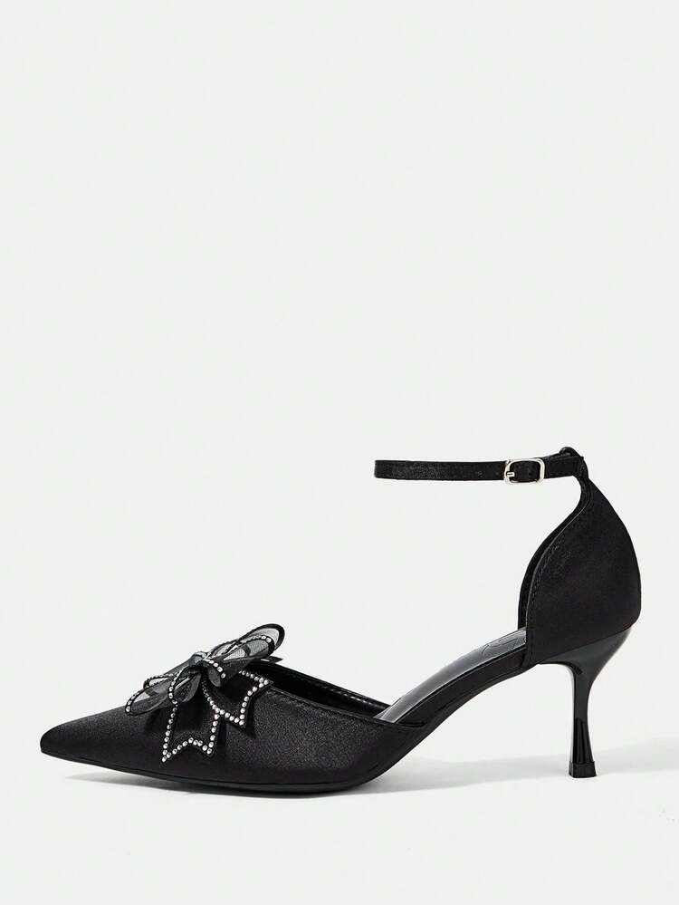 CUCCOO HITCHD Women Shoes Four Seasons New Bow With Diamond Design Pointed Toe Thin Heel High Heel Sexy Elegant Temperament Fashion Square Silk Women's High Heel Shoes Sticking Heels Dress Shoes Dating Afternoon Tea Wedding Bridesmaids Bridal Party Valentine's Day Elegant Dress