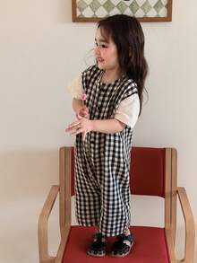DAZY 女婴格子亚麻无袖连体衣，韩版宽松连体衣夏季女童服装 - 黑與白 - 查看 4