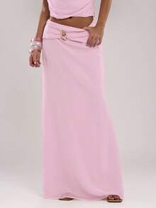 SHEIN BAE Women's Elegant Pink Chiffon A-Line Relaxed Skirt,Solid Color Casual Autumn Party Skirt For Beach Vacation,Cocktail Party,Brunch,Wedding & Concert - Pink - View 4