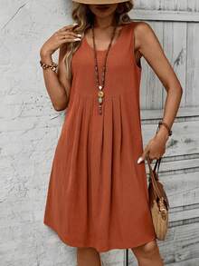 EMERY ROSE 女士休闲印花褶皱无袖连衣裙，夏季 - 紅木色 - 查看 7