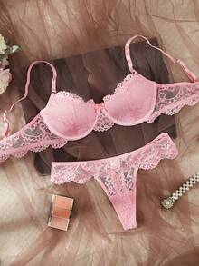 SHEIN Floral Lace Underwire Bra & Panty Lingerie Set - Pink - View 3