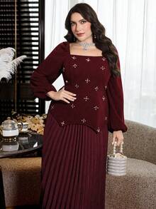 Modelyn Elegant Solid Color Diamond Decor Collared Long Sleeve Fitted Top And Solid Color Pleated Skirt Plus Size 2-Piece Set - Burgundy - View 5