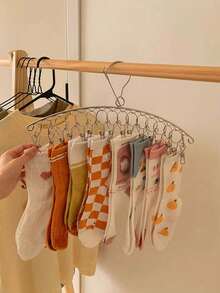 1pc Stainless Steel Windproof Multi-Clip Clothes Hanger For Underwear And Socks Drying,Spring,Minimalist,Summer Tops - Silver - View 4